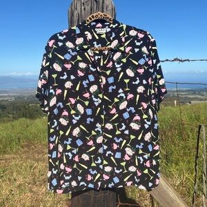 Vintage 90s Y2K Clio Retro Cocktail Print Camp Shirt Medium